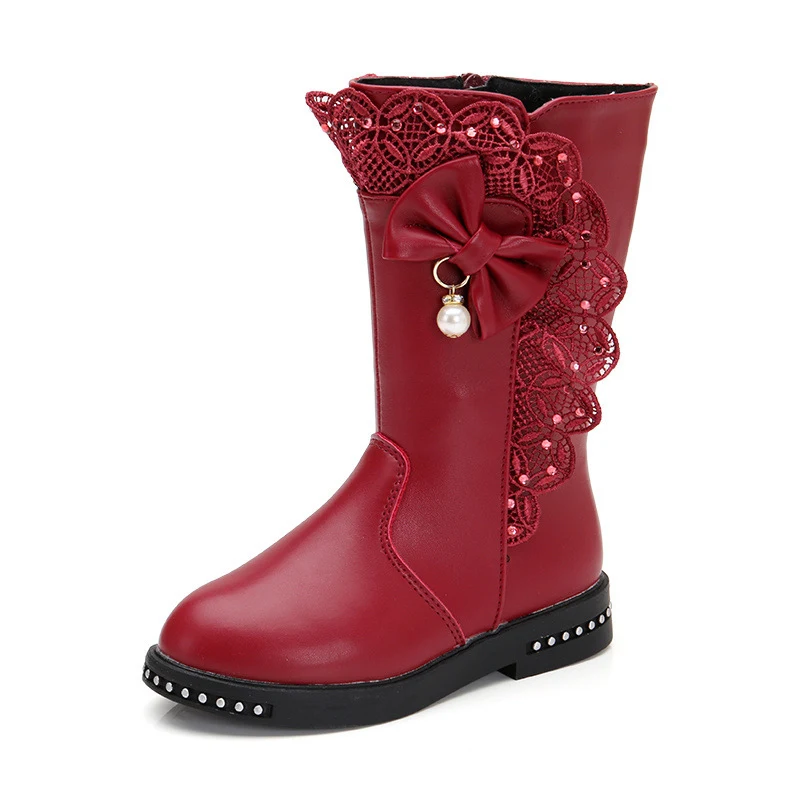 Зимние новые черные детские ботинки для девочек детская обувь с высоким бантом платье принцессы для девочек ботинки для больших детей Размер 27-37 - Цвет: Wine Red-Winter