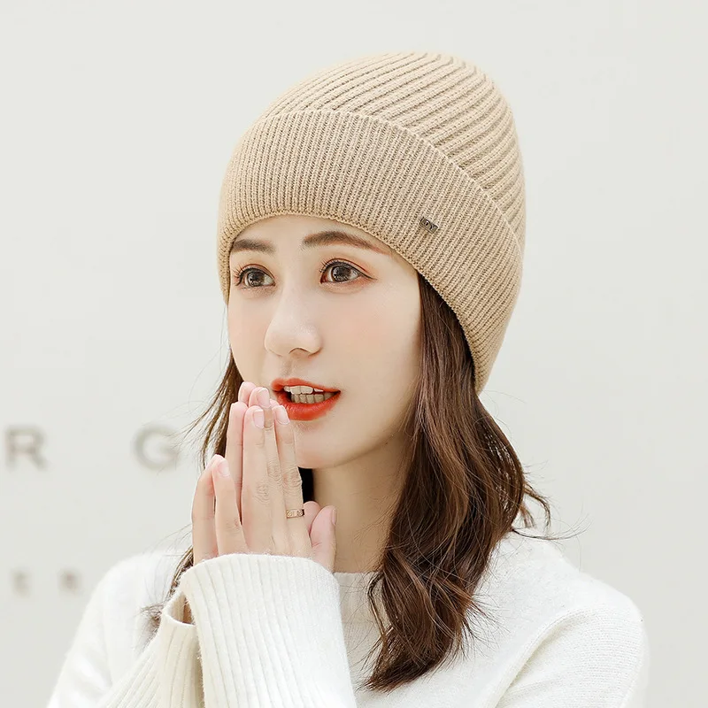

Women Beanie Cap Winter Lady Outdoor Solid Color Knitted Hat Flanging Ear Protection Wool Hats Fashion Warm Headgear Caps