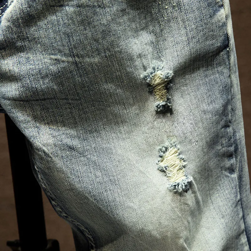 Flash Sale Italian Style Fashion Men Jeans Retro Light Blue Slim Fit Vintage Designer Ripped Jeans Men Pants Streetwear Hip Hop Jeans Homme