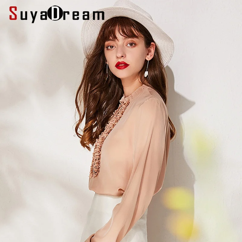 Блузка SuyaDream Женская однотонная шелковая Офисная рубашка из крепа 100% шелка с