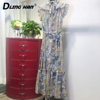 

LINGHAN Fashion Print Chiffon Dess Elegant Ruffles Bow Sashes Beach Vacation Dresses Designer Summer Women's New