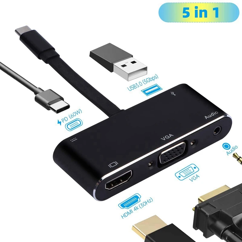 USB C Hub 5 in 1 Type C to 4K HDMI VGA USB 3 0 Adapter USB C to o Jack Headphone Cable PD Converter for Pro