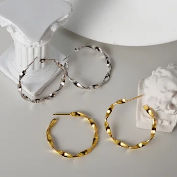 

S925 Sterling Silver Minimalist Open Twisted Round Hoop Earrings for Women Girls Geometric Circle Punk Party Ear Jewelry Bijoux