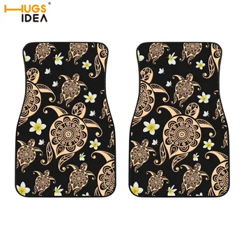 

2Pcs SUV Front Floor Mats Turtle Polynesian Tribal Hawaiian Print Car Interior Decorative Carpets Turtle Dirty-Anti Vehicle Rugs