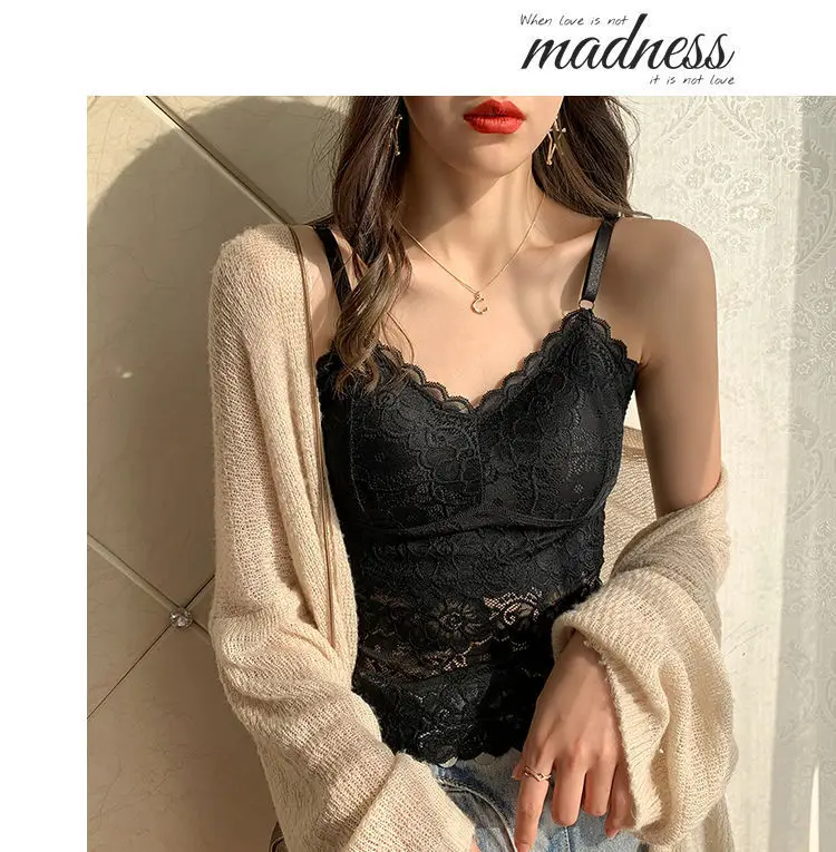 Description Picture 5 of itemLace Crop Top Sexy Lingerie Camisole Bralette Crop Top Y2k Black White Sleep Tops Strap Padded Camis Undershirt Women Fashion