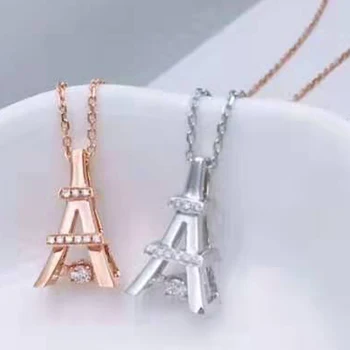 

18K White Rose Gold Real Diamond Women Pendant Necklaces Eiffel Tower Wedding Party Engagement Anniversary Necklaces Birthday