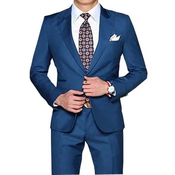 

New Arrival Straight Blue Men Tuxedos Peaked Lapel Wedding Suit For Men 2 Pieces Slim Fit For Wedding Men Suits Jacket+Pants