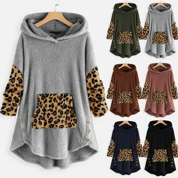 

Leopard Sweatshirt Women Plus Size 5XL 6 Colors свитер Fleece Stitching Patchwork Button Hem Hooded plush Top Sweatshirt Blouse