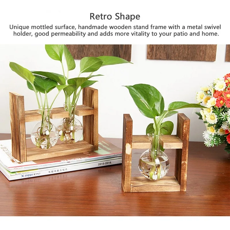 Настольная стеклянная ваза для растений лампа с ретро твердой деревянной