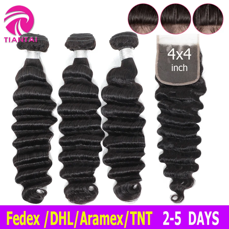 TIANTAI свободные глубокие волнистые пучки с закрытием перуанские человеческие пучки волос с закрытием Remy человеческие пучки волос с закрытием