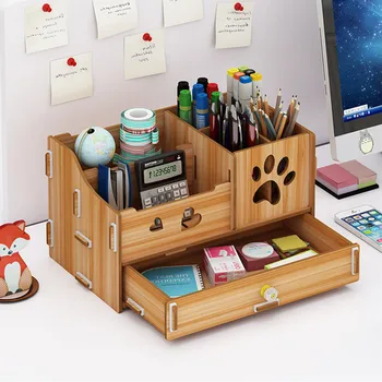 

Wooden Desk Organizer Multi-Functional DIY Pen Holder Box Desktop Stationary Home Office Supply Desktop Storage Rack with Drawer