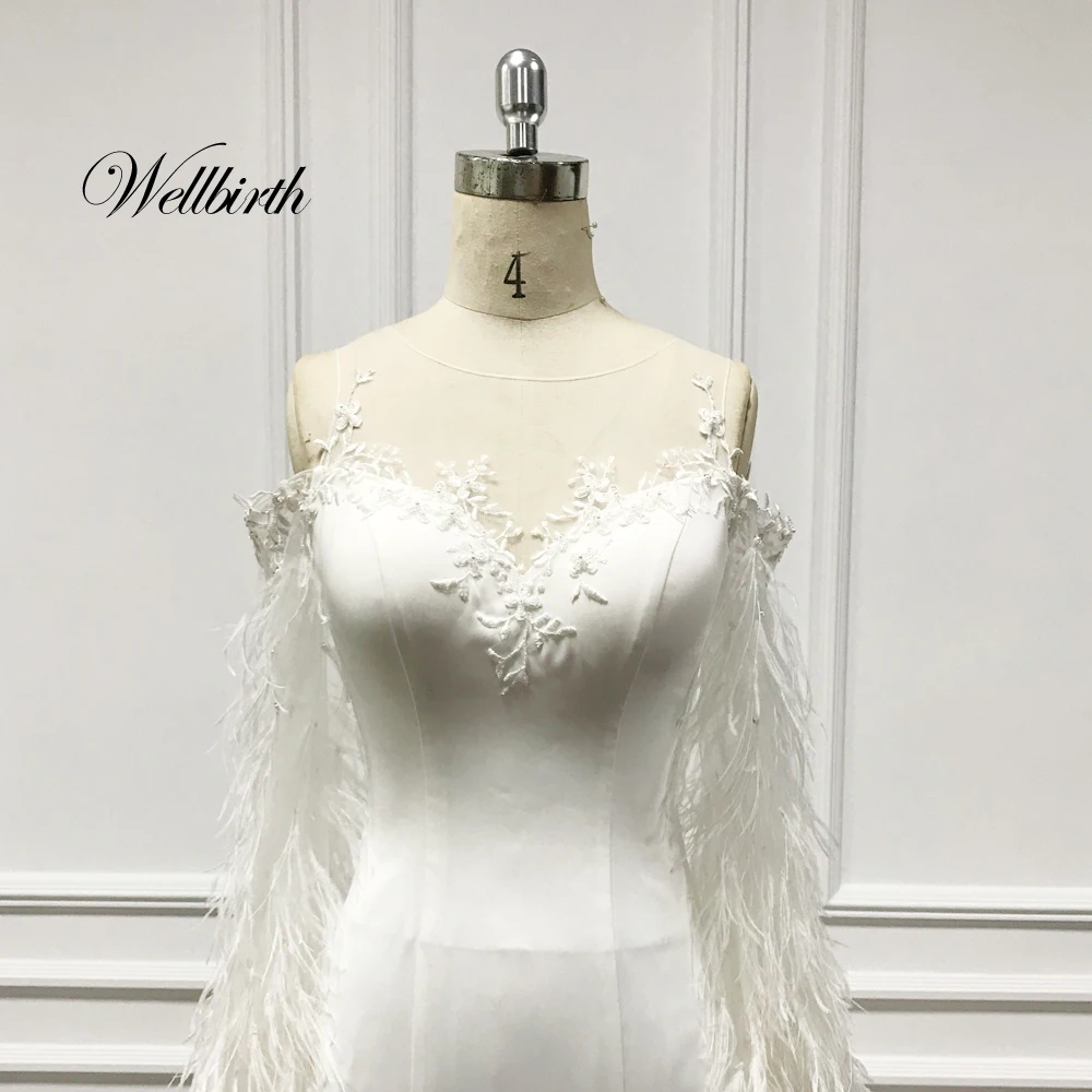 Реальное изображение Wellbirth Vestido de novia атласное свадебное платье русалки с рукавами из страусиных перьев, свадебное платье TT013