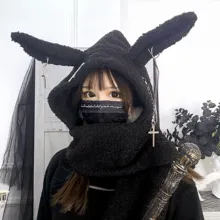 Ruibbit Hot Girl Punk Japanese Rabbit Ear Cap Chain Cross Headdress Scarf Plush Hooded Hat Winter Warm Windproof Scarf Woman