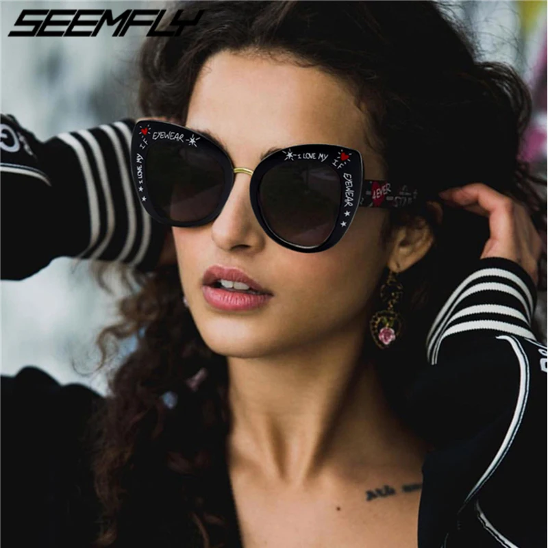 

Seemfly Oversize Letter Sunglasses Women Brand Designer Fashion Stripe Cat Eye Gradient Shades Female UV400 Oculos Gafas De Sol