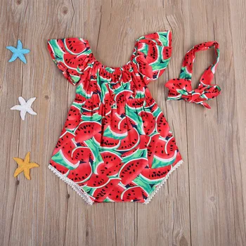 Pudcoco US Stock New Fashion Toddler Baby Girls Print Watermelon Clothes Outfits Off Shoulder Jumpsuit Romper+Headband Playsuit 2