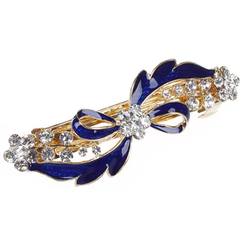 

Gold Tone Metal French Clip Rhinestone Decor Blue Bowknot Hairclip Barrette