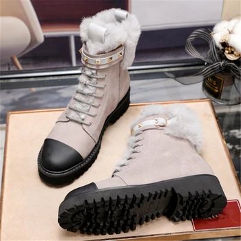 

Women Ankle boots Plush thermal boots with rivet lock stitching leather Genuine Leather shoes кроссовки