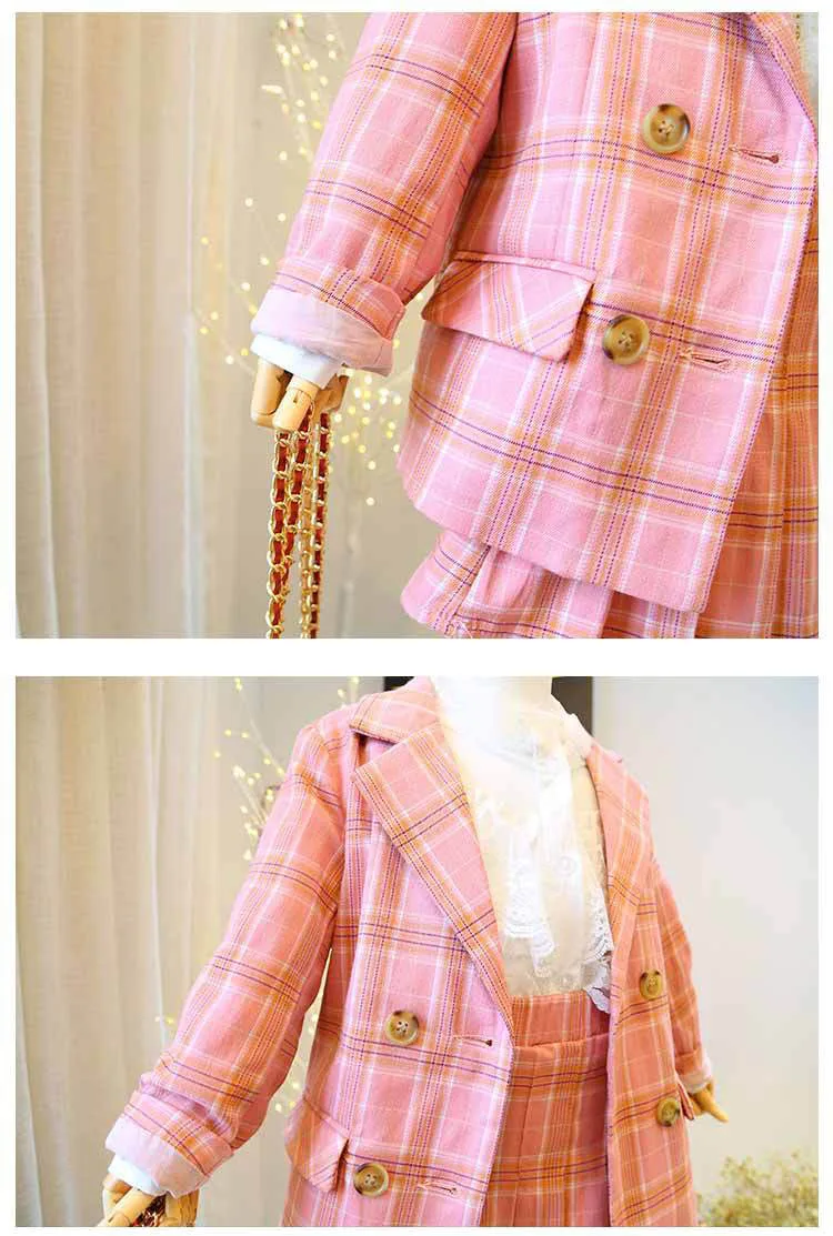 Free shipping spring autumn new brand plaid sets for baby girls blazers coats+ skirts 2cps suits children clothes kids ws1001