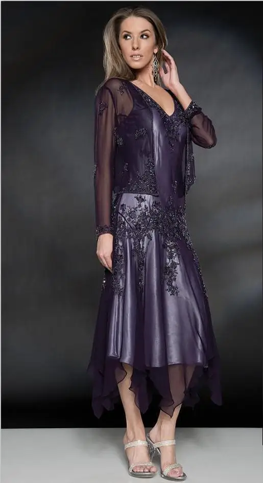 Hot9 vestido de madrinha, платья для матери невесты длиной до середины икры, ТРАПЕЦИЕВИДНОЕ вечернее платье трапециевидной формы с аппликацией из бисера и v-образным вырезом, свободное Болеро - Цвет: Purple