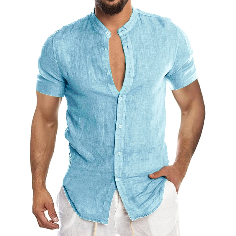 Camisa de manga corta de lino y algodón para hombre, con debajo del cuello, informal, verano, novedad de 2021|Camisas informales| - AliExpress