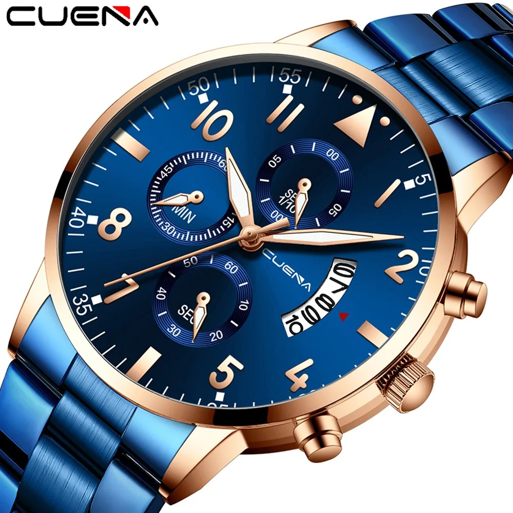 CUENA часы Роскошные Топ бренд relogio masculino для мужчин бизнес мода нержавеющая сталь Аналоговые Дата Спортивные кварцевые наручные часы
