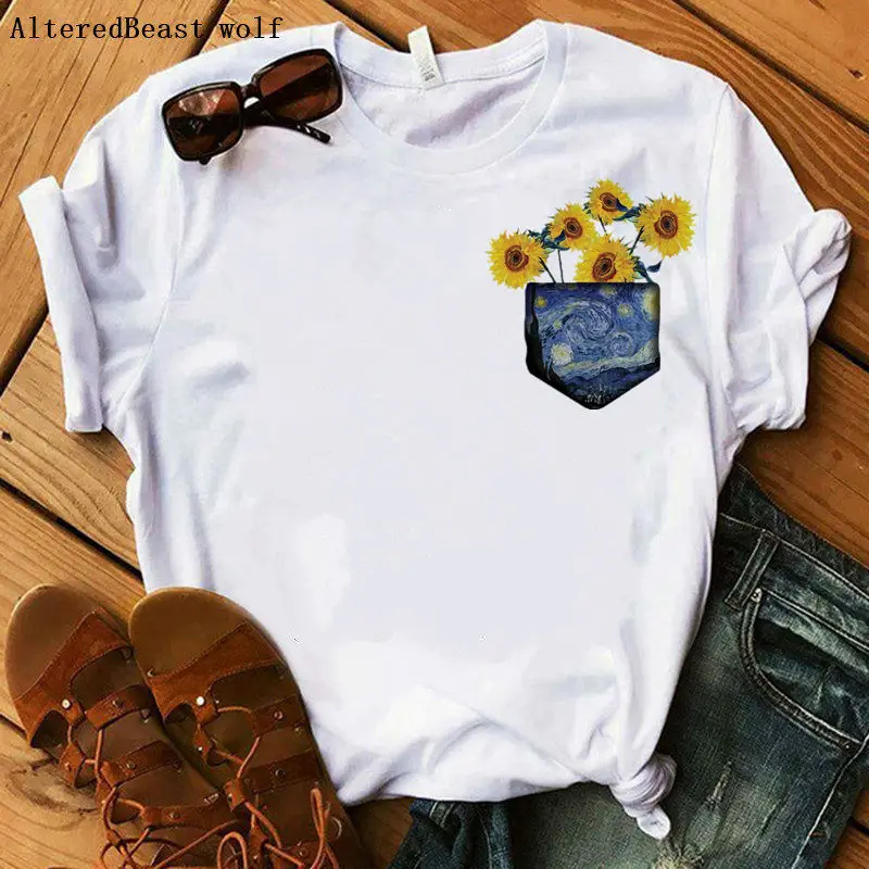 

Summer woman t-shirt Van Gogh Art vintage sunflowers graphic pocket print tops tee female harajuku aesthetic vogue t shirt 2019