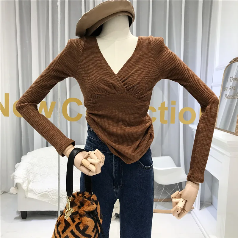 Сексуальная и Клубная корейская модная рубашка с v-образным вырезом и длинным рукавом, Женские однотонные Топы с длинным рукавом, винтажные рубашки