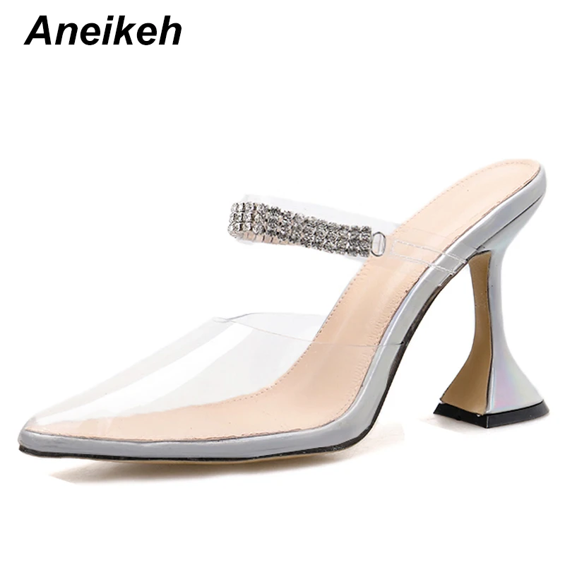 silvery Aneikeh Новая мода ПВХ Для женщин женские туфли-лодочки элегантные туфли на высоком каблуке; острый носок; Туфли на высоких каблуках со стразами Свадебные туфли на высоком каблуке-шпильке Лодочки с открытой пяткой - Цвет: silvery