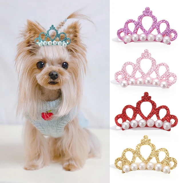 Pet Small Dogs Faux Pearl Crown Shape Bows Hair Clips Head Decoration For Pets 2