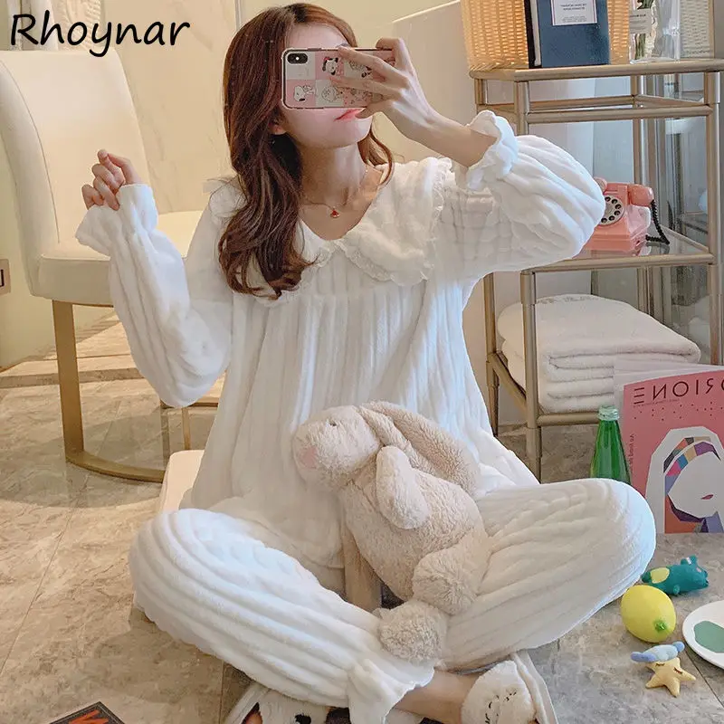 

Pajama Sets Women Sleepwear Warm Cozy Thicken Peter Pan Collar Lovely Hot Selling Fashion Casual Feminino Vintage Ulzzang Ins