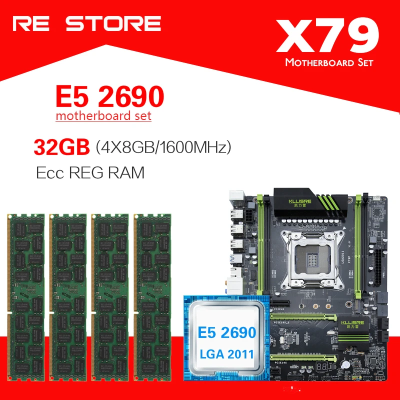 Комплект материнской платы Kllisre X79 с Xeon E5 2690 4x8 ГБ = 32 Гб 1600 МГц DDR3 память ECC Reg