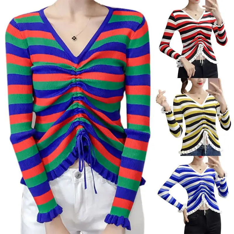 Осенне-весенний женский свитер с радужной полоской, с завязками, с принтом, тонкий с длинными рукавами, тонкий пуловер, короткий свитер