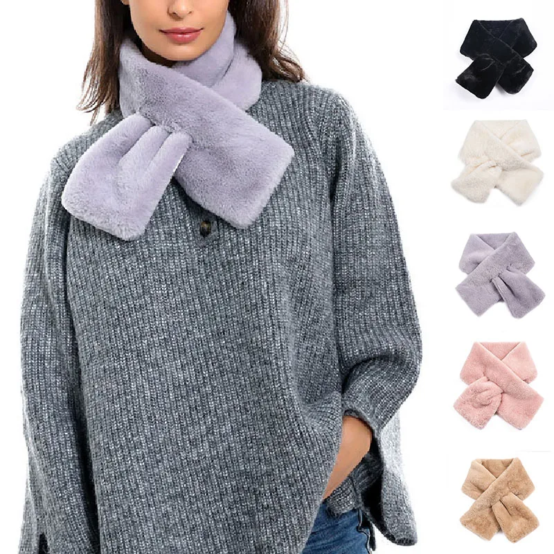 

Winter Warm Scarf Thicken Fashion Cute Imitation Rabbit Fur Collar Cross Scarf Solid Color Plush Shawl Scarf Christmas Women