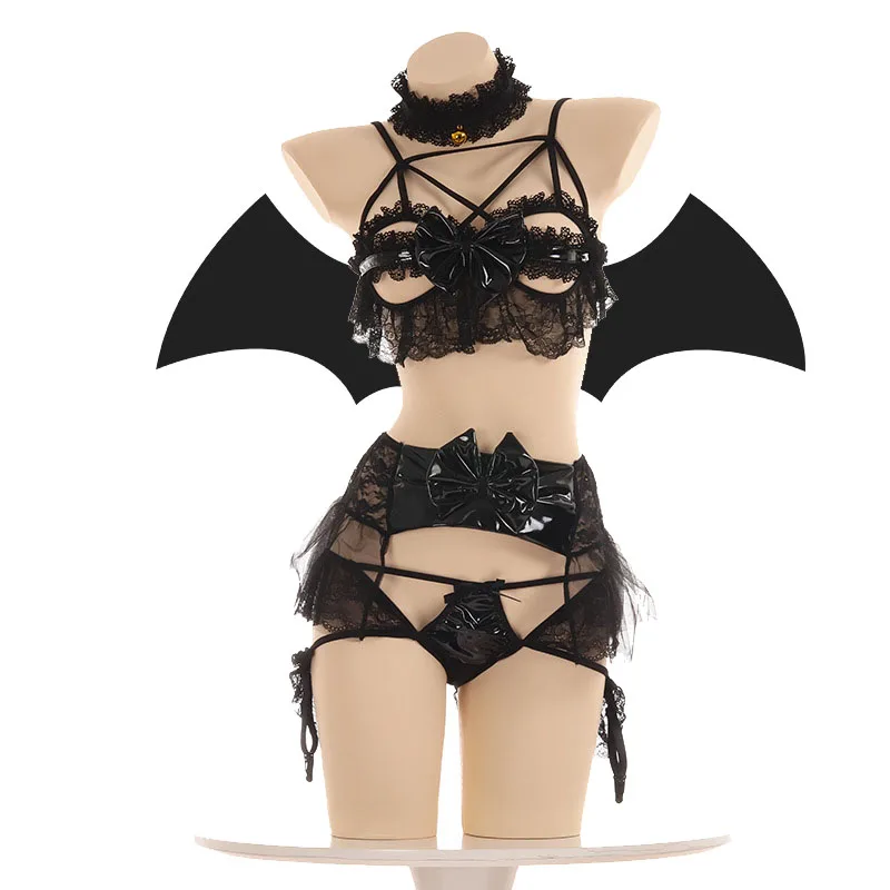 Sexy Spitze Fledermaus Dessous Pu Leder Kleiner Dämon Frauen Teufel Cosplay Bikini Open Cup BH Set Lolita Anime Flügel Exotisch_voghion.com