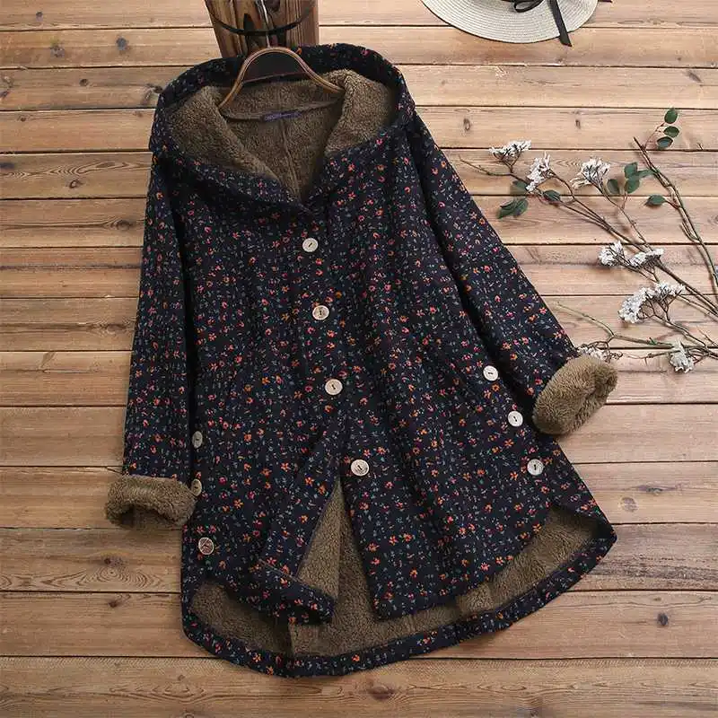Navy Kaftan пушистые пальто с капюшоном женские куртки с принтом ZANZEA Осенняя Повседневная Верхняя одежда на пуговицах женские асимметричные топы S-5XL - Цвет: Navy