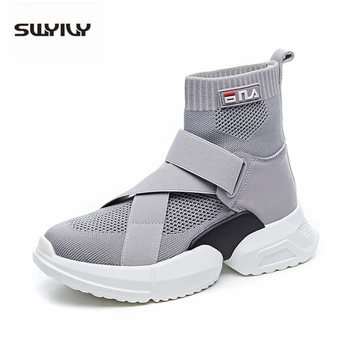 

SWYIVY Sock Sneakers Women 2019 New Fashion Dad Shoes High Top Autumn Platform Sneakers Black Female Casual Knitting Sock Shoes