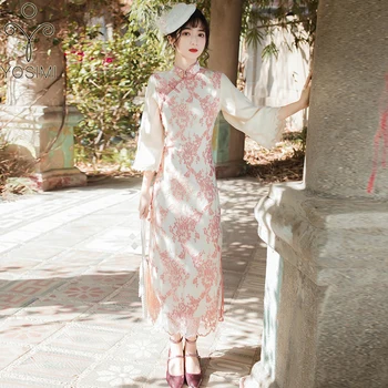 

YOSIMI Cotton Lace Long Women Dress 2020 Summer Floral Cotton Pink Improved Cheongsam Split Sheath Mid-calf Party Dress Elegant