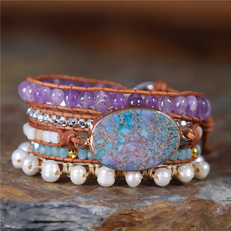 

BOHO Gemstones Pearl Bracelet bohemian Leather Bracelet Big Stone Bracelet Statement 5 Wraps Bracelet For Gifts Dropshipping