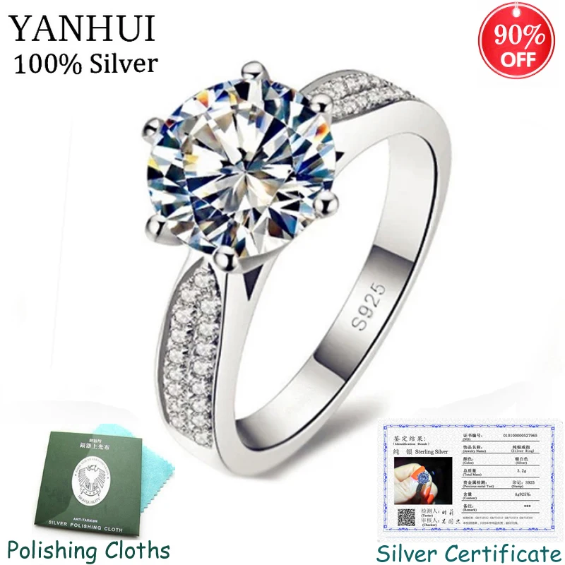 

YANHUI Original 925 Solid Silver Rings Cubic Zircon Fine Jewelry Wedding Bands Rings With Certificate