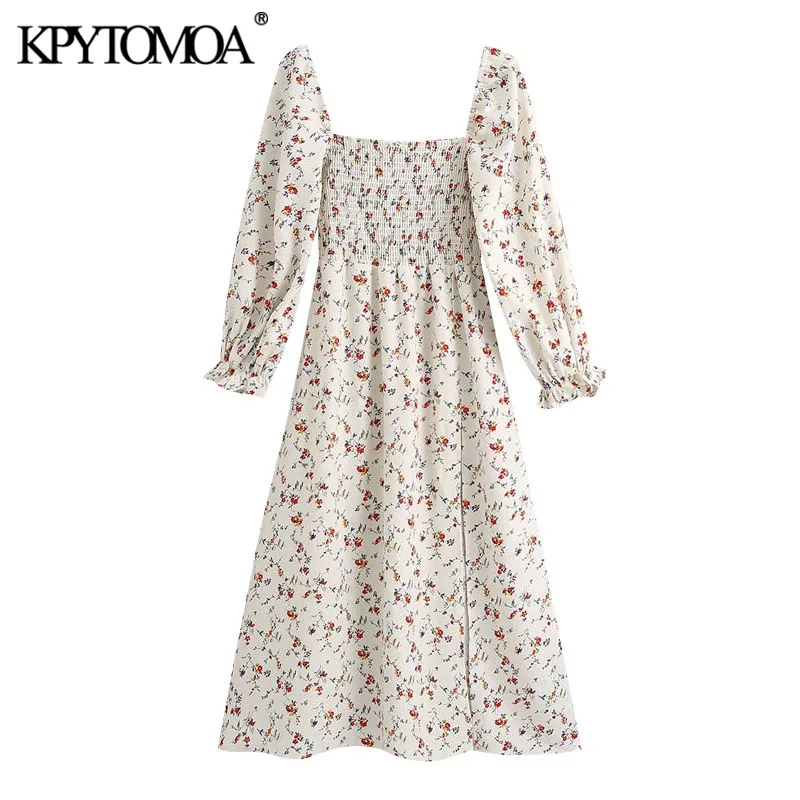 KPYTOMOA Women 2020 Chic Fashion Floral Print Smocked Midi Dress Vintage Square Collar Long Sleeve Side Slit Female Dresses KPYTOMOA Women 2020 Chic Fashion Floral Print Smocked Midi Dress Vintage Square Collar Long Sleeve Side Slit Female Dresses