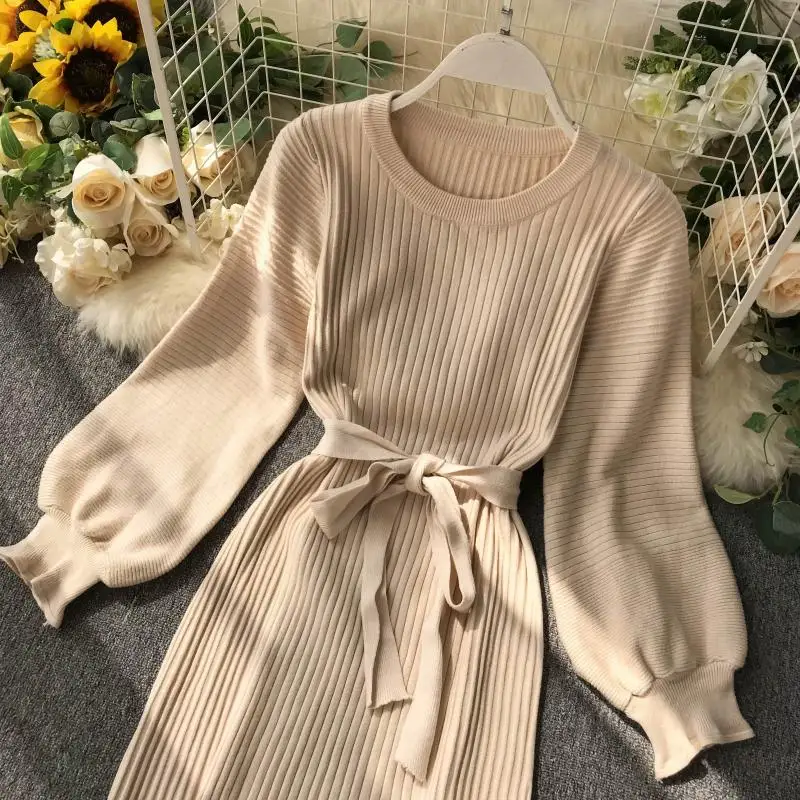 ALPHALMODA, осень, Женский пуловер с длинным рукавом и поясом, Повседневное трикотажное платье, длина до колена, однотонное простое зимнее платье-свитер