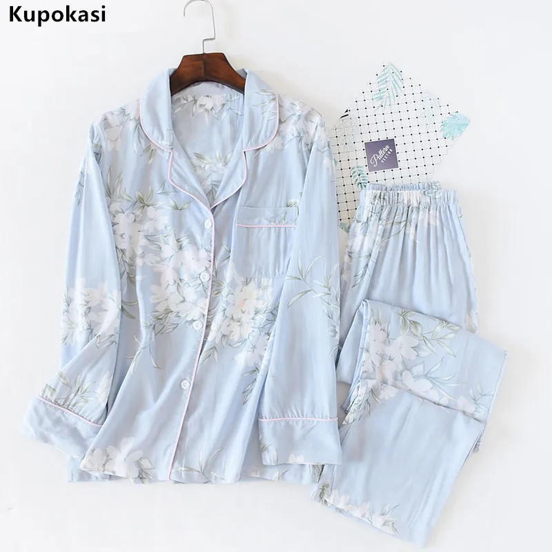 

Kupokasi Women Cotton Pajamas Set Floral Printed 2 Pieces Sleepwear Simple Soft Long sleeves Girl Autumn Winter Homewear