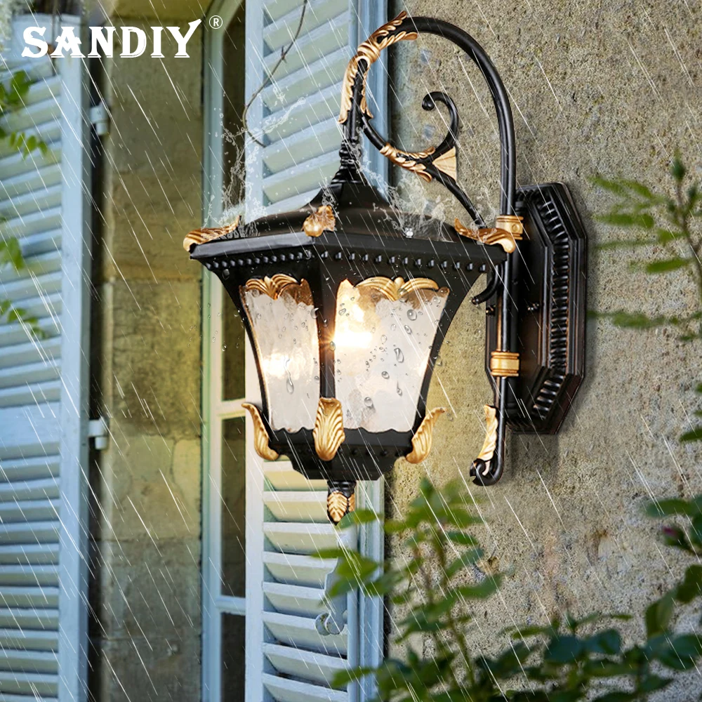 Outdoor Wall Lamps Retro Porch Light Vintage Fixtures Led Lighting for House Gate Patio Exterior Sconce Glass Shade Black+Gold mainstays outdoor durable steel bench black outdoor bench garden bench patio furniture