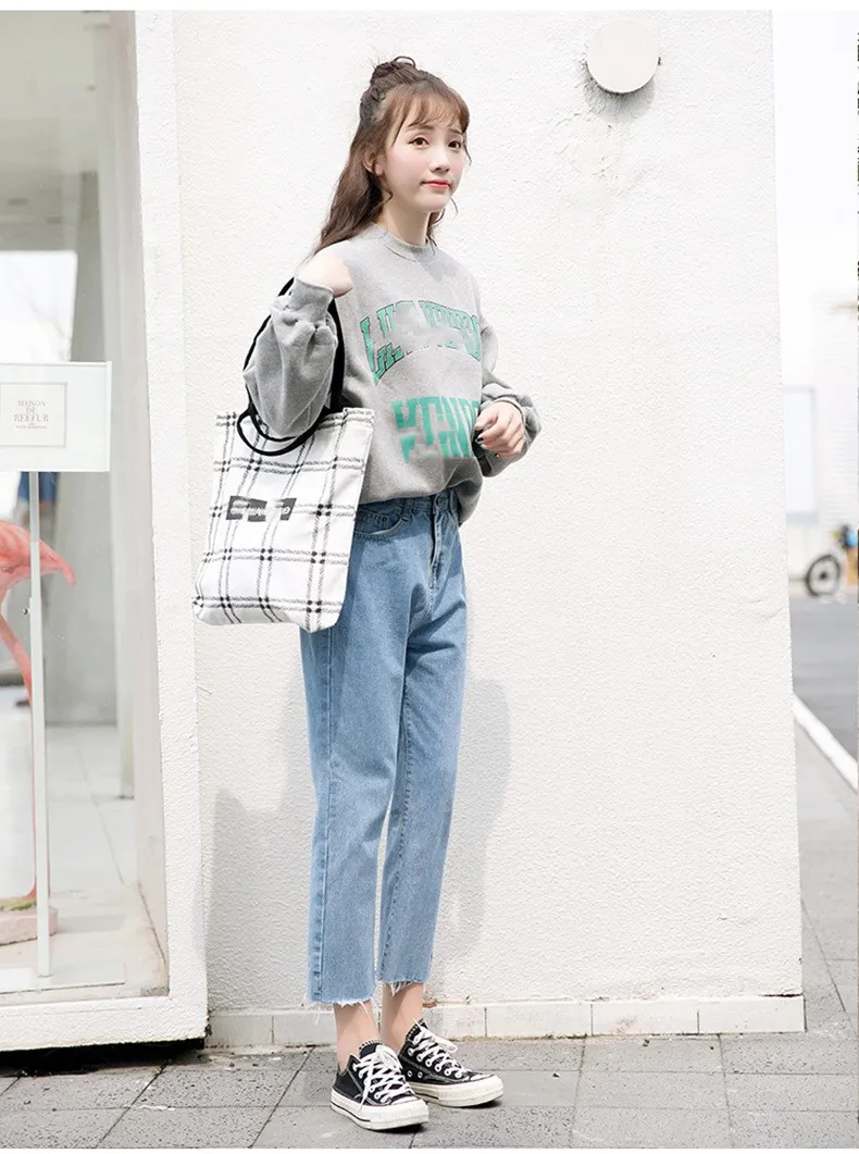 Women Autumn Wide Leg Boyfriend Jeans Casual Ankle-Length Trousers Loose Button Straight Denim Harem Pants