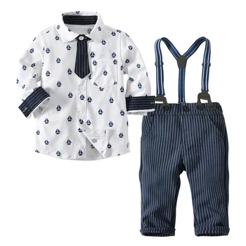 

Boys clothes long sleeved Shirts gentlemen autumn winter children's shirt + shoulder strap + trousers 3 pcs suit