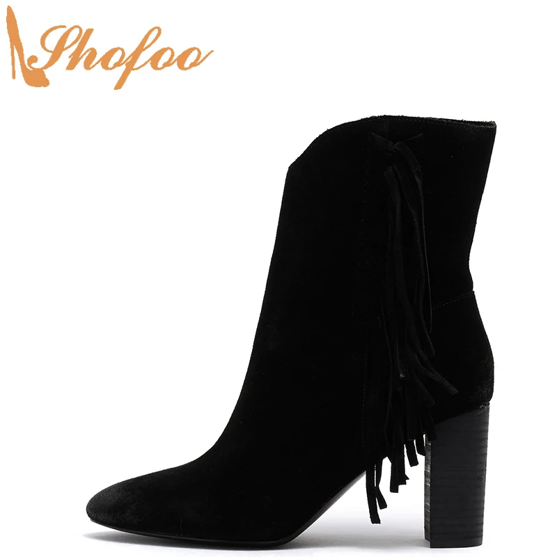 

Black Fringe Woman Ankle Boots High Chunky Heels Round Toe Booties Zip Large Size 13 16 Ladies Fashion Sexy Mature Shoes Shofoo