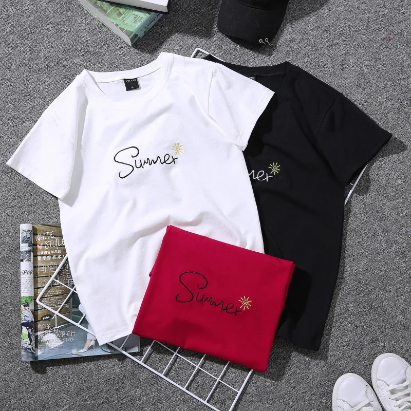 

Women's t-shirt 2019 Summer New Letters embroidered Loose Female Tshirts Casual Sister Cute Couple Tee Shirt