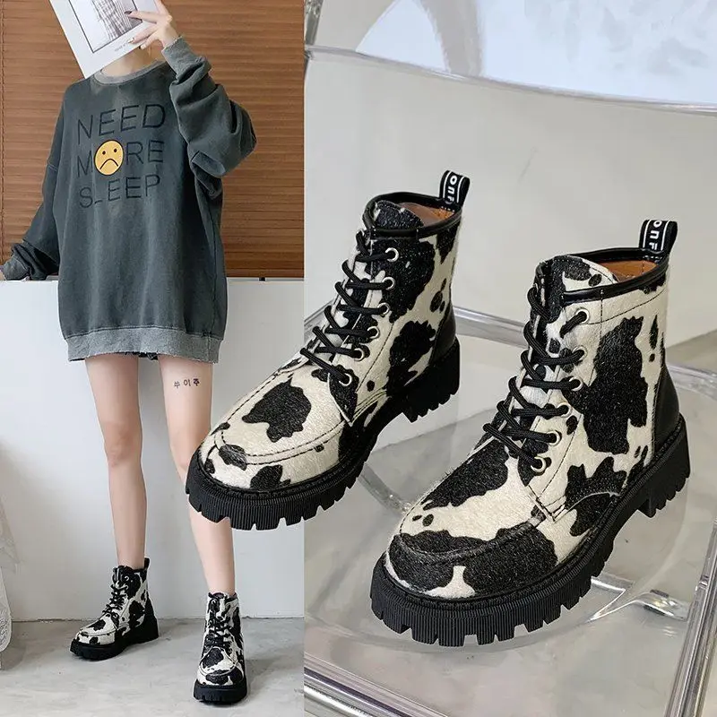 

Fashion Designer Autumn And Winter Cows Women's Boots Short Boots Female Students Retro Knight Boots Thick-soled Mid-tube Boots