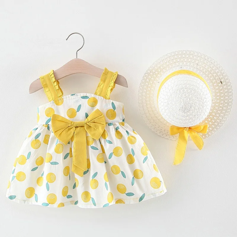Keelorn/платья для маленьких девочек со шляпой; комплекты одежды из 2 предметов; детская одежда; детское платье принцессы без рукавов для дня рождения; платье с цветочным принтом - Цвет: yellow AY086