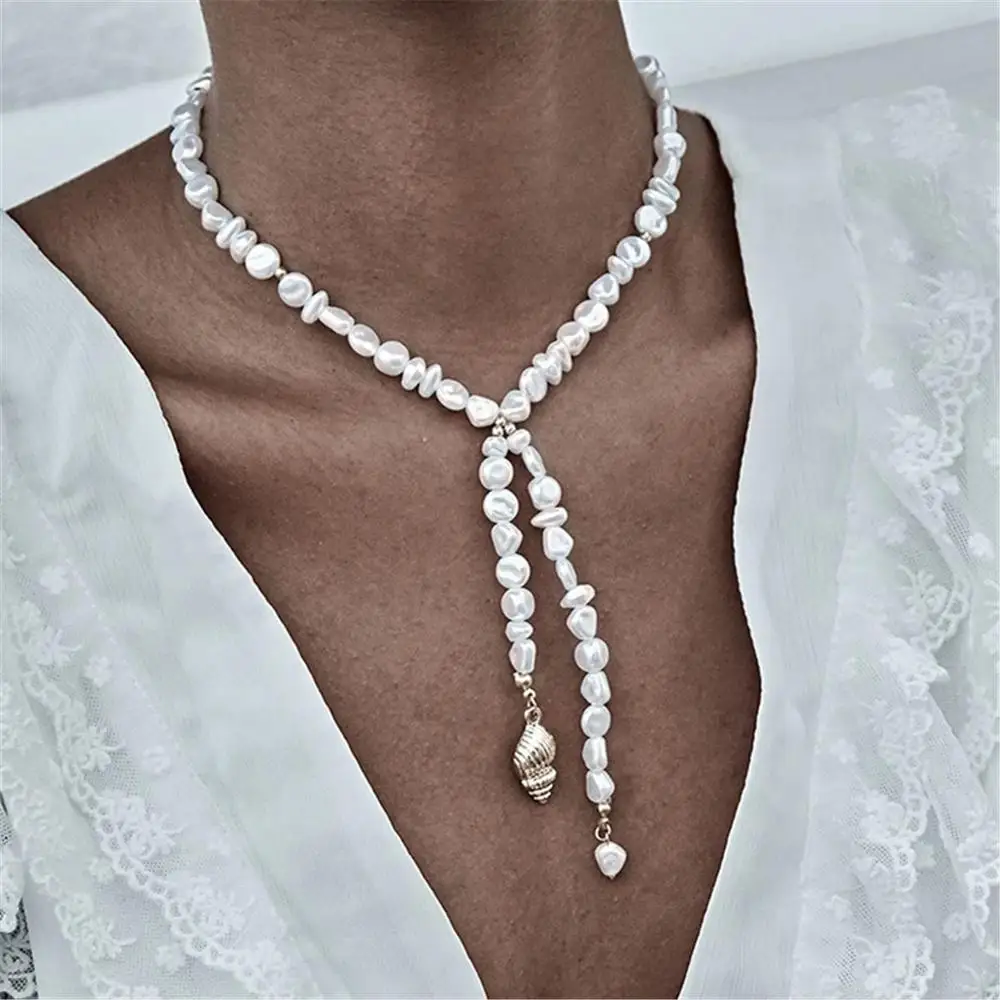 

Ingemark Korean Imitation Pearls Long Chain Necklace Summer Wedding Boho Alloy Shell Pendant Choker Necklaces Female Jewelry New